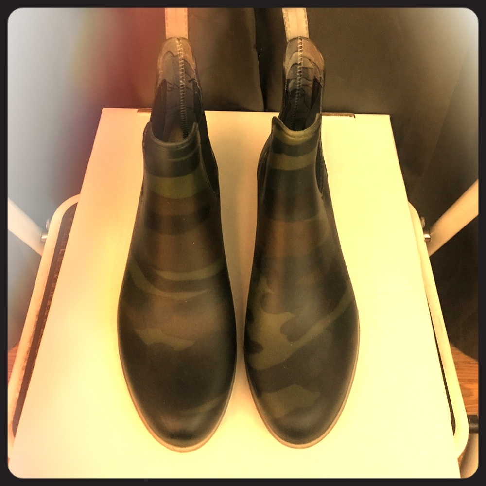 J Crew Dark Camo Boots (with clear heel)
